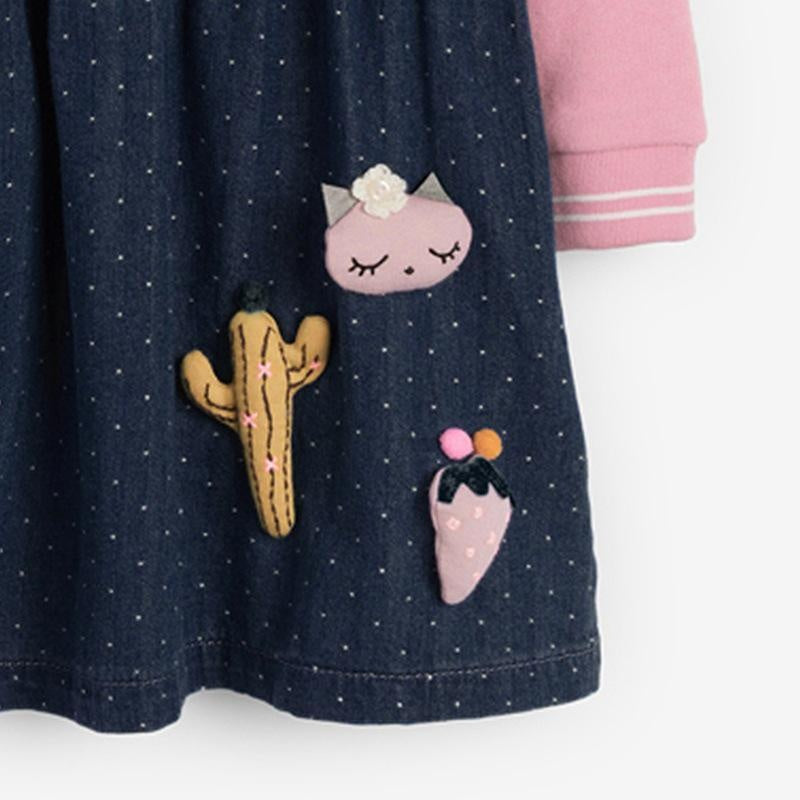 Two Tone Cartoon Patch Long Sleeve Dress