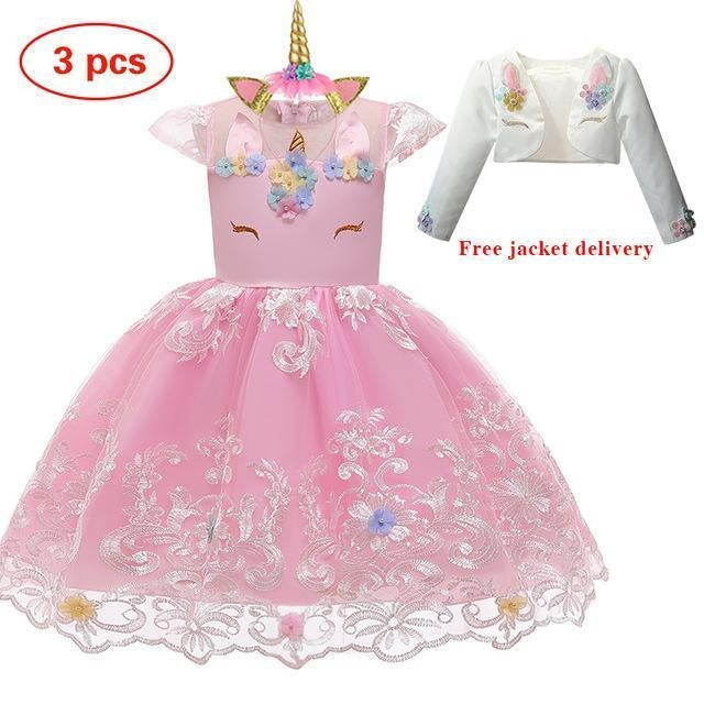 Girl Embroidery Unicorn Big Bow Princess Wedding Party Dresses - MomyMall pink 3 Pcs / 2-3 Years