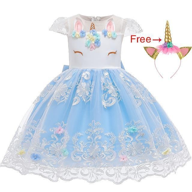 Girl Embroidery Unicorn Big Bow Princess Wedding Party Dresses - MomyMall light blue / 2-3 Years