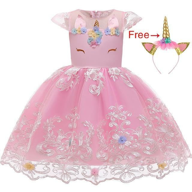 Girl Embroidery Unicorn Big Bow Princess Wedding Party Dresses - MomyMall pink / 2-3 Years