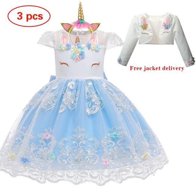 Girl Embroidery Unicorn Big Bow Princess Wedding Party Dresses - MomyMall light blue 3 Pcs / 2-3 Years
