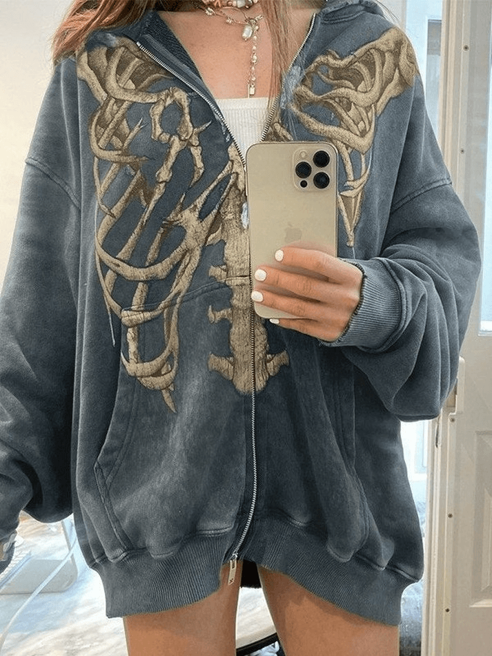 Velvet Skeleton Graphic Zip Up Hoodie - MomyMall Gray / S