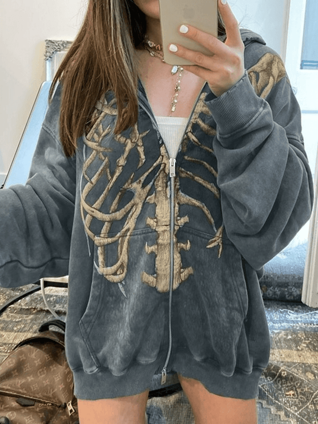 Velvet Skeleton Graphic Zip Up Hoodie - MomyMall