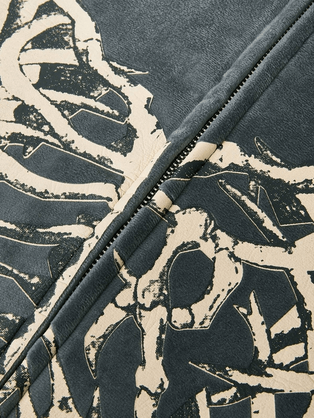 Velvet Skeleton Graphic Zip Up Hoodie - MomyMall