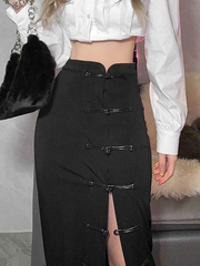 Vintage Buttoned Split Midi Skirt - MomyMall