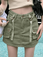 Vintage Green Denim Cargo Mini Skirt