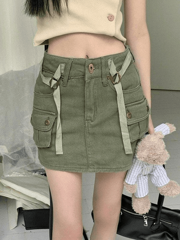 Vintage Green Denim Cargo Mini Skirt