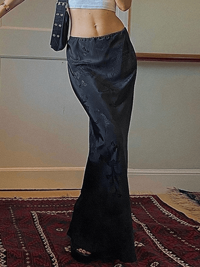 Vintage Jacquard Split Satin Maxi Skirt - MomyMall Black / S