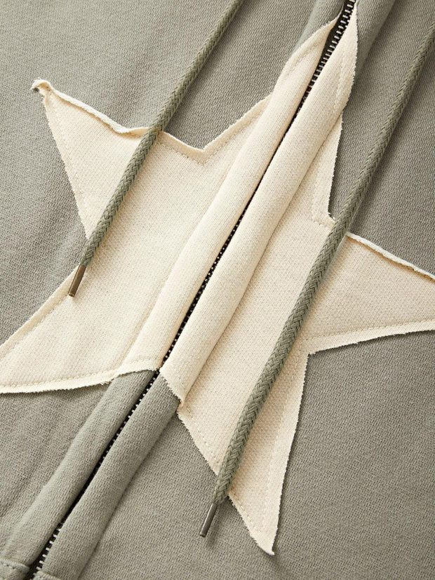 Vintage Star Patch Baggy Zip Up Hoodie - MomyMall