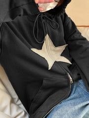 Vintage Star Patch Baggy Zip Up Hoodie - MomyMall Black / S