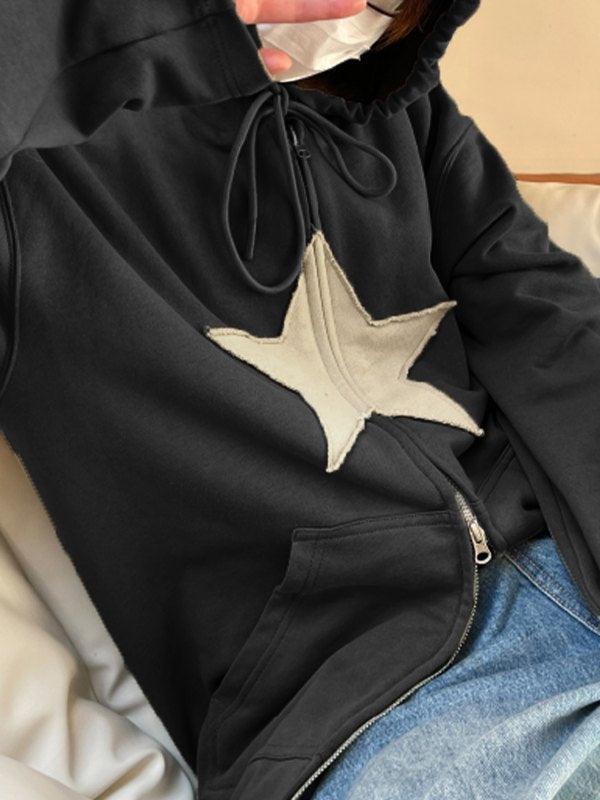 Vintage Star Patch Baggy Zip Up Hoodie - MomyMall Black / S
