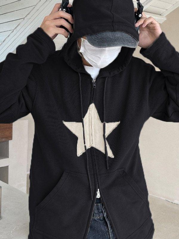 Vintage Star Patch Baggy Zip Up Hoodie - MomyMall