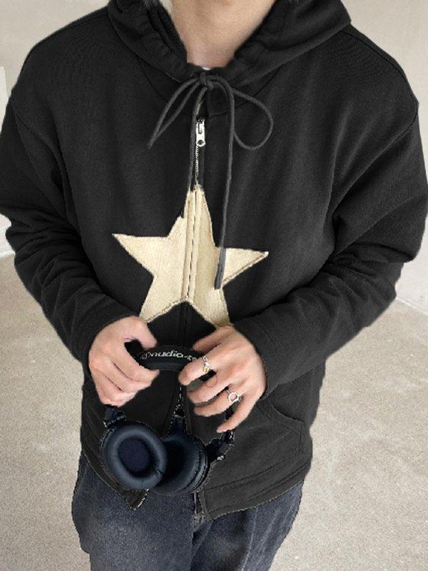 Vintage Star Patch Baggy Zip Up Hoodie - MomyMall