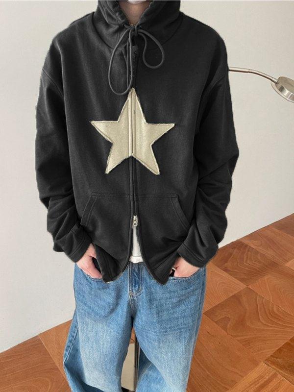 Vintage Star Patch Baggy Zip Up Hoodie - MomyMall