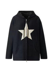 Vintage Star Patch Baggy Zip Up Hoodie - MomyMall