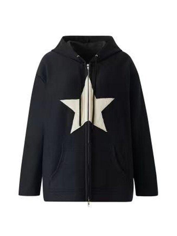 Vintage Star Patch Baggy Zip Up Hoodie - MomyMall