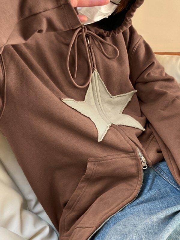 Vintage Star Patch Baggy Zip Up Hoodie - MomyMall Brown / S