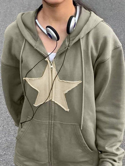 Vintage Star Patch Baggy Zip Up Hoodie - MomyMall Green / S