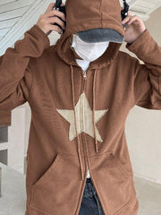 Vintage Star Patch Baggy Zip Up Hoodie - MomyMall