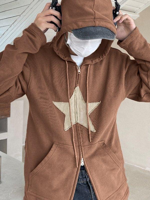 Vintage Star Patch Baggy Zip Up Hoodie - MomyMall