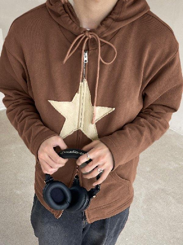 Vintage Star Patch Baggy Zip Up Hoodie - MomyMall