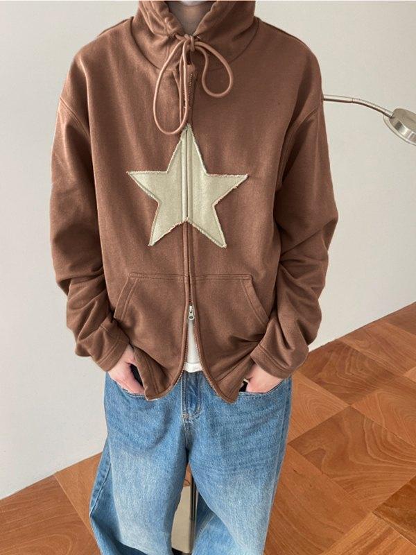 Vintage Star Patch Baggy Zip Up Hoodie - MomyMall