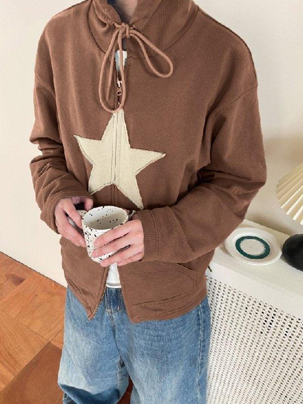 Vintage Star Patch Baggy Zip Up Hoodie - MomyMall