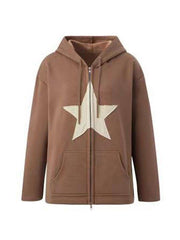 Vintage Star Patch Baggy Zip Up Hoodie - MomyMall