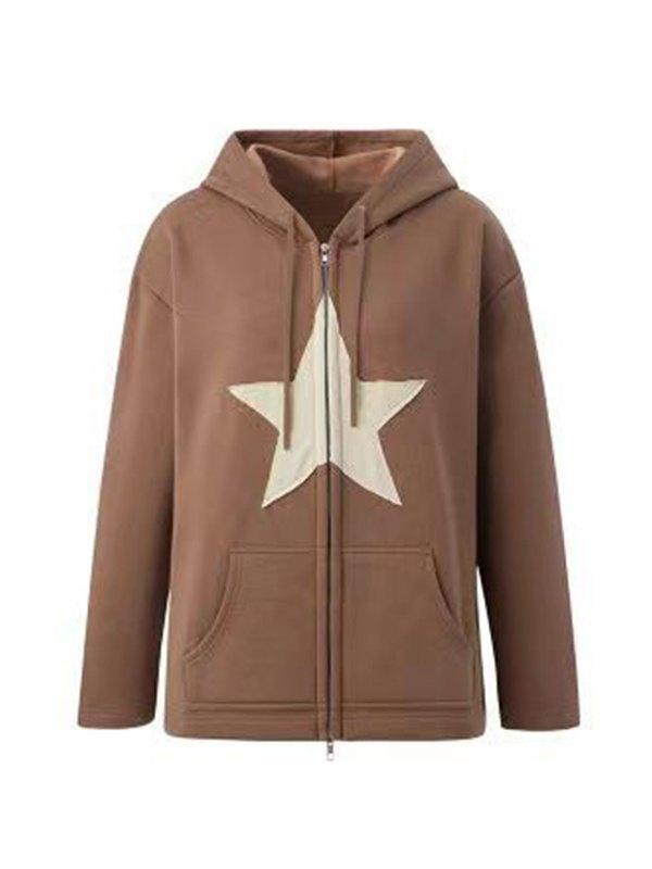Vintage Star Patch Baggy Zip Up Hoodie - MomyMall