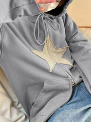 Vintage Star Patch Baggy Zip Up Hoodie - MomyMall Gray / S