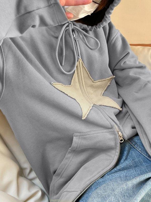 Vintage Star Patch Baggy Zip Up Hoodie - MomyMall Gray / S