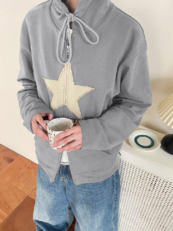 Vintage Star Patch Baggy Zip Up Hoodie - MomyMall