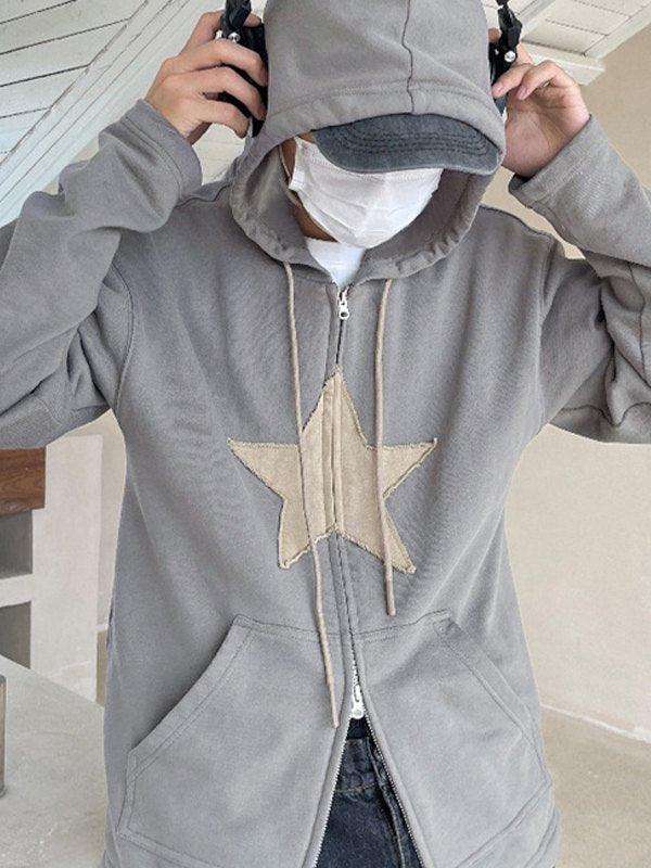 Vintage Star Patch Baggy Zip Up Hoodie - MomyMall