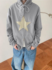 Vintage Star Patch Baggy Zip Up Hoodie - MomyMall