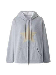 Vintage Star Patch Baggy Zip Up Hoodie - MomyMall