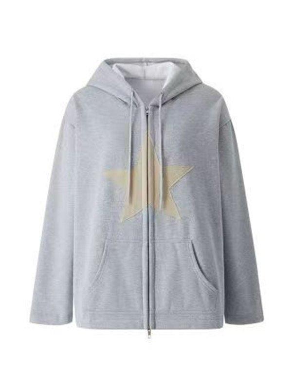 Vintage Star Patch Baggy Zip Up Hoodie - MomyMall