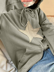 Vintage Star Patch Baggy Zip Up Hoodie - MomyMall