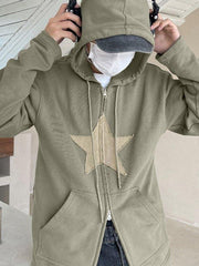 Vintage Star Patch Baggy Zip Up Hoodie - MomyMall