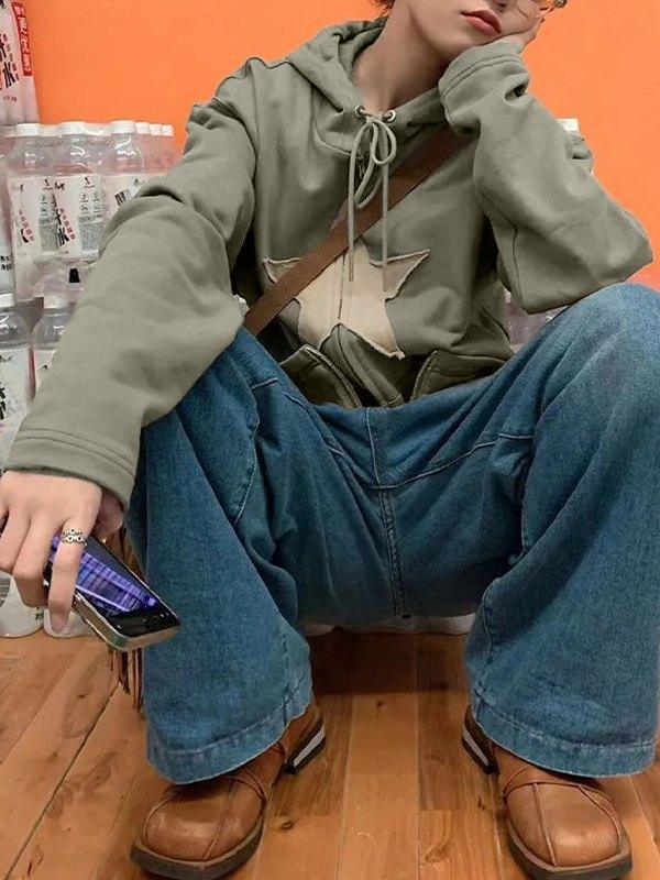 Vintage Star Patch Baggy Zip Up Hoodie - MomyMall