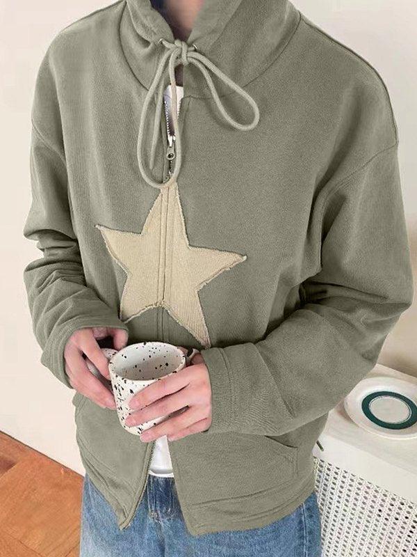 Vintage Star Patch Baggy Zip Up Hoodie - MomyMall