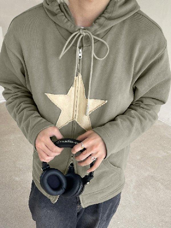 Vintage Star Patch Baggy Zip Up Hoodie - MomyMall