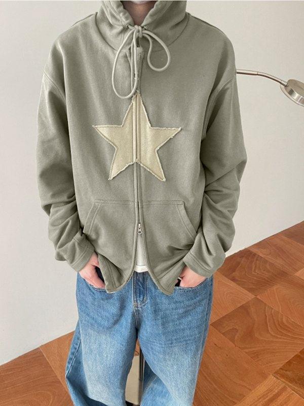 Vintage Star Patch Baggy Zip Up Hoodie - MomyMall