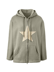 Vintage Star Patch Baggy Zip Up Hoodie - MomyMall