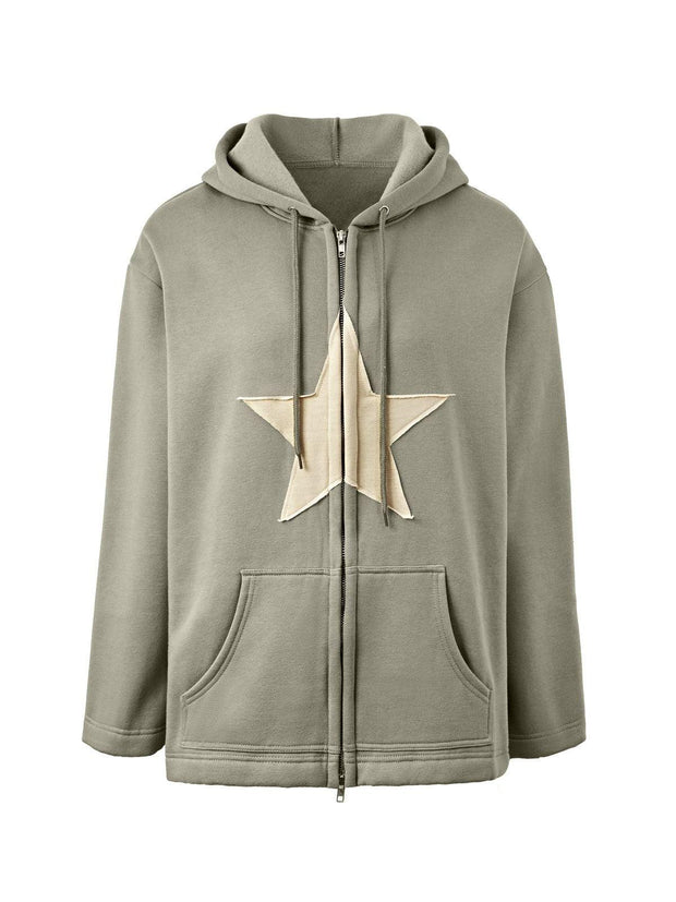 Vintage Star Patch Baggy Zip Up Hoodie - MomyMall