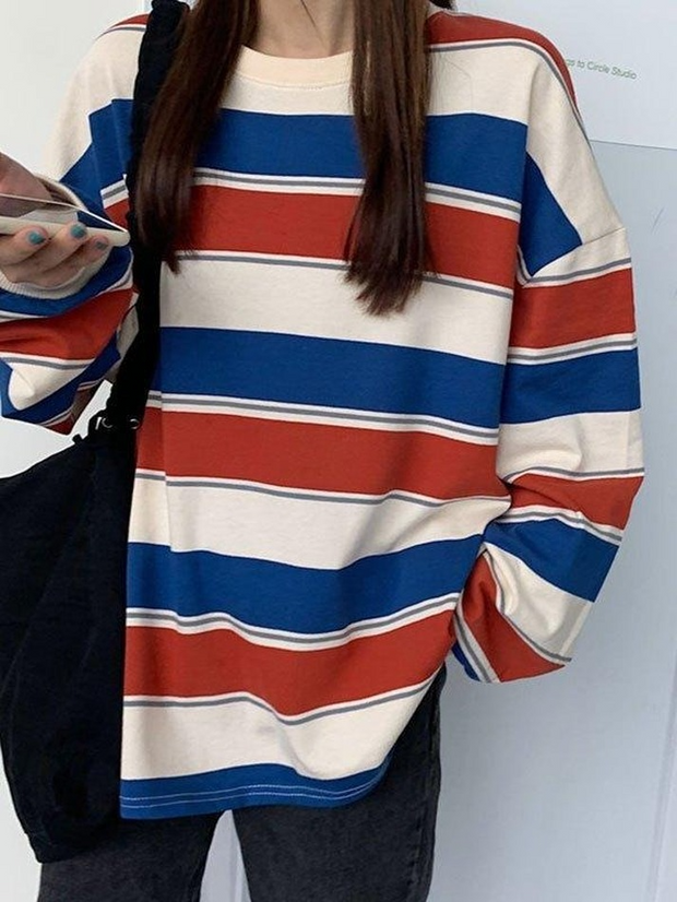 Vintage Striped Pullover Sweatshirt - MomyMall Red / M