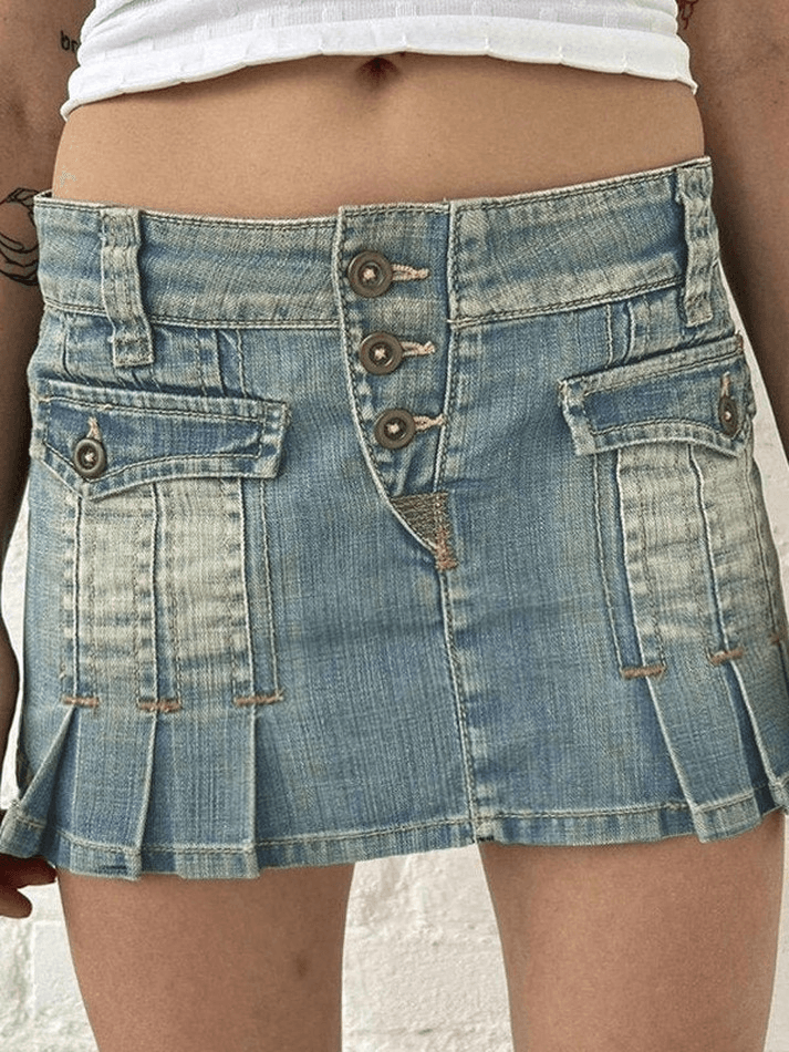 Wash Y2K Pleated Denim Mini Skirt