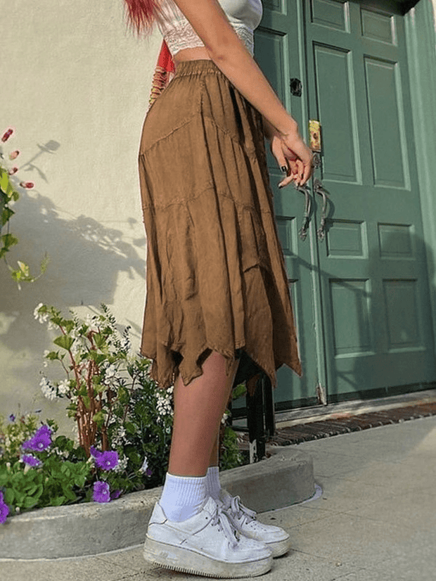 Washed Irregular Lace Up Midi Skirt