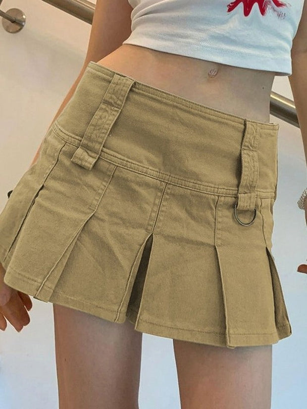 Wide Waist Pleated Mini Skirt - MomyMall Khaki / S