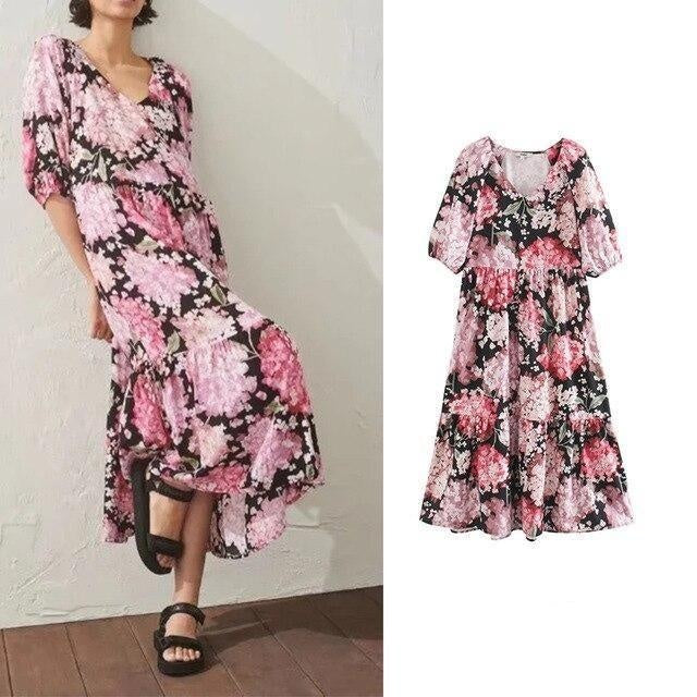 Flower Print Midi Dress - Three-quarter Sleeve Summer Dress