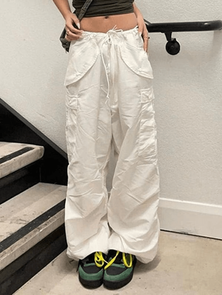 Zipper Low Waist White Cargo Pants